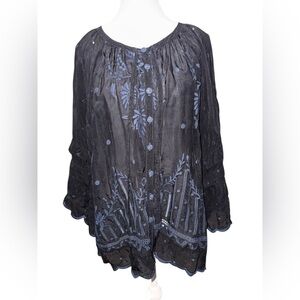 Johnny Was Embroidered Boho Tunic Blouse – Charcoal Blue - Size XL